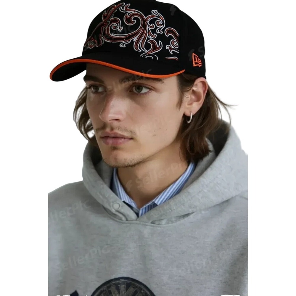 New Era Fits Black With Gray And Orange Swirl Embroidered Design Cap Size 7 3/8